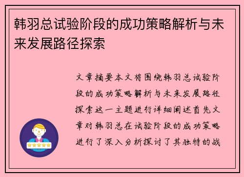韩羽总试验阶段的成功策略解析与未来发展路径探索