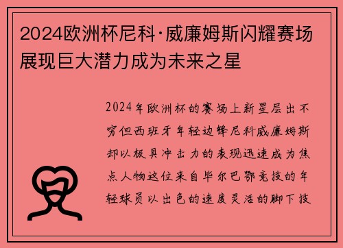 2024欧洲杯尼科·威廉姆斯闪耀赛场展现巨大潜力成为未来之星