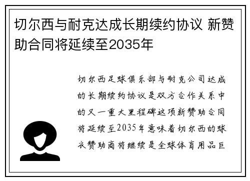 切尔西与耐克达成长期续约协议 新赞助合同将延续至2035年 切尔西与耐克达成长期续约协议 新赞助合同将延续至2035年